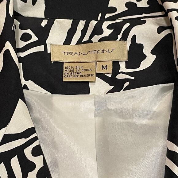 100% Silk Abstract Print Blazer Jacket M | Black White Art Statement Lined - Picture 5 of 8